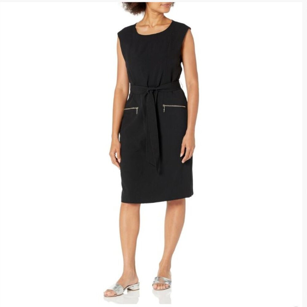 NWT Kasper Black Sleeveless Gold Zip Pockets Belted Sheath Midi Dress Size 10